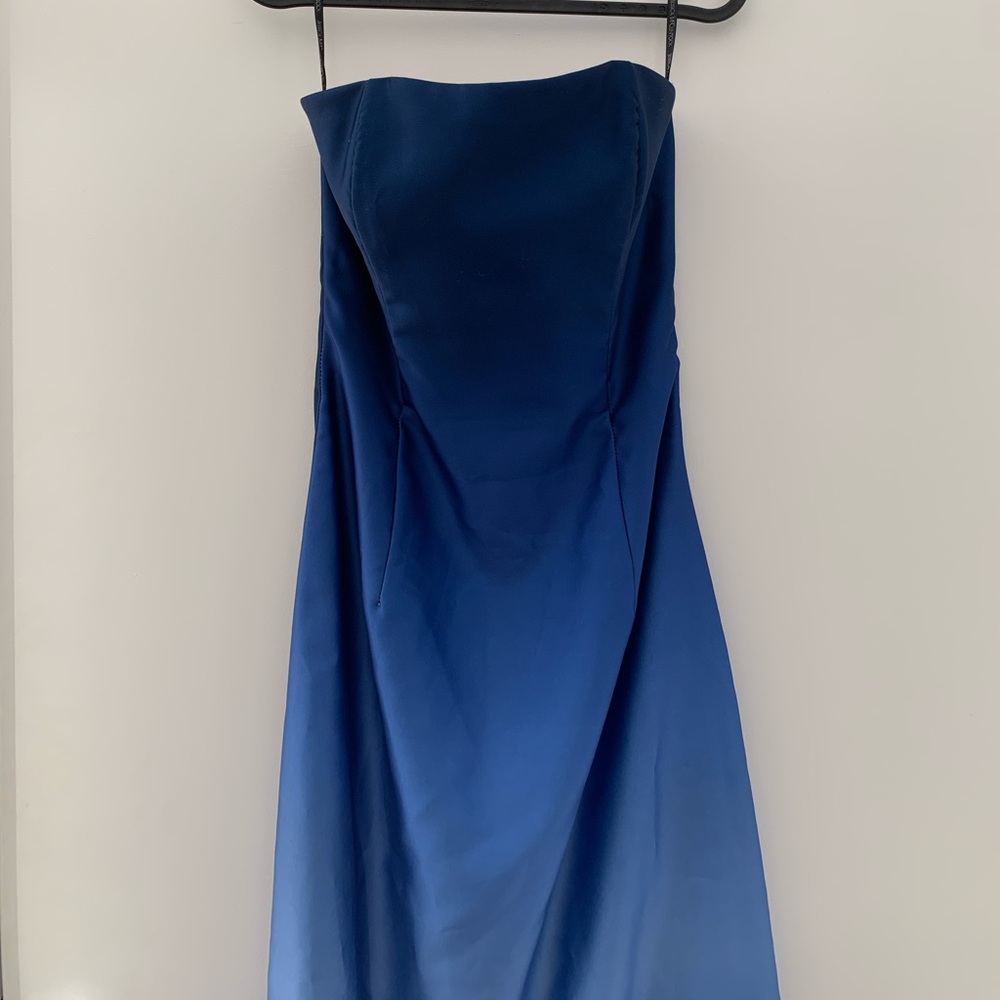 dark to light blue ombré strapless prom dress